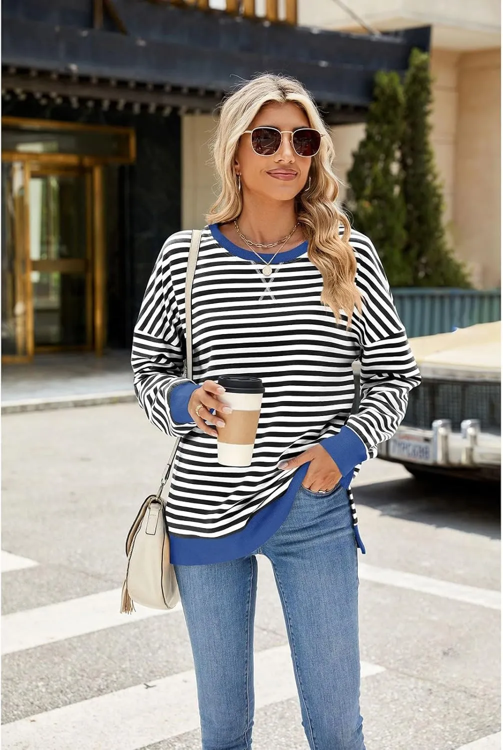Oversized Sweatshirts For Women Loose Fit 2024 Fall Outfits Crewneck Striped Long Sleeve Shirts Fashion Preppy Top