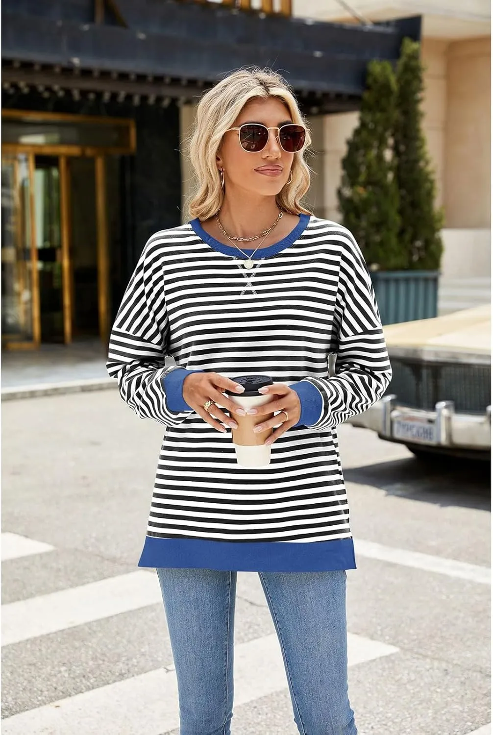 Oversized Sweatshirts For Women Loose Fit 2024 Fall Outfits Crewneck Striped Long Sleeve Shirts Fashion Preppy Top