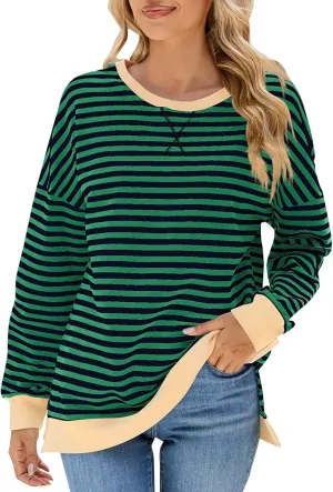 Oversized Sweatshirts For Women Loose Fit 2024 Fall Outfits Crewneck Striped Long Sleeve Shirts Fashion Preppy Top