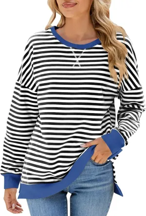 Oversized Sweatshirts For Women Loose Fit 2024 Fall Outfits Crewneck Striped Long Sleeve Shirts Fashion Preppy Top