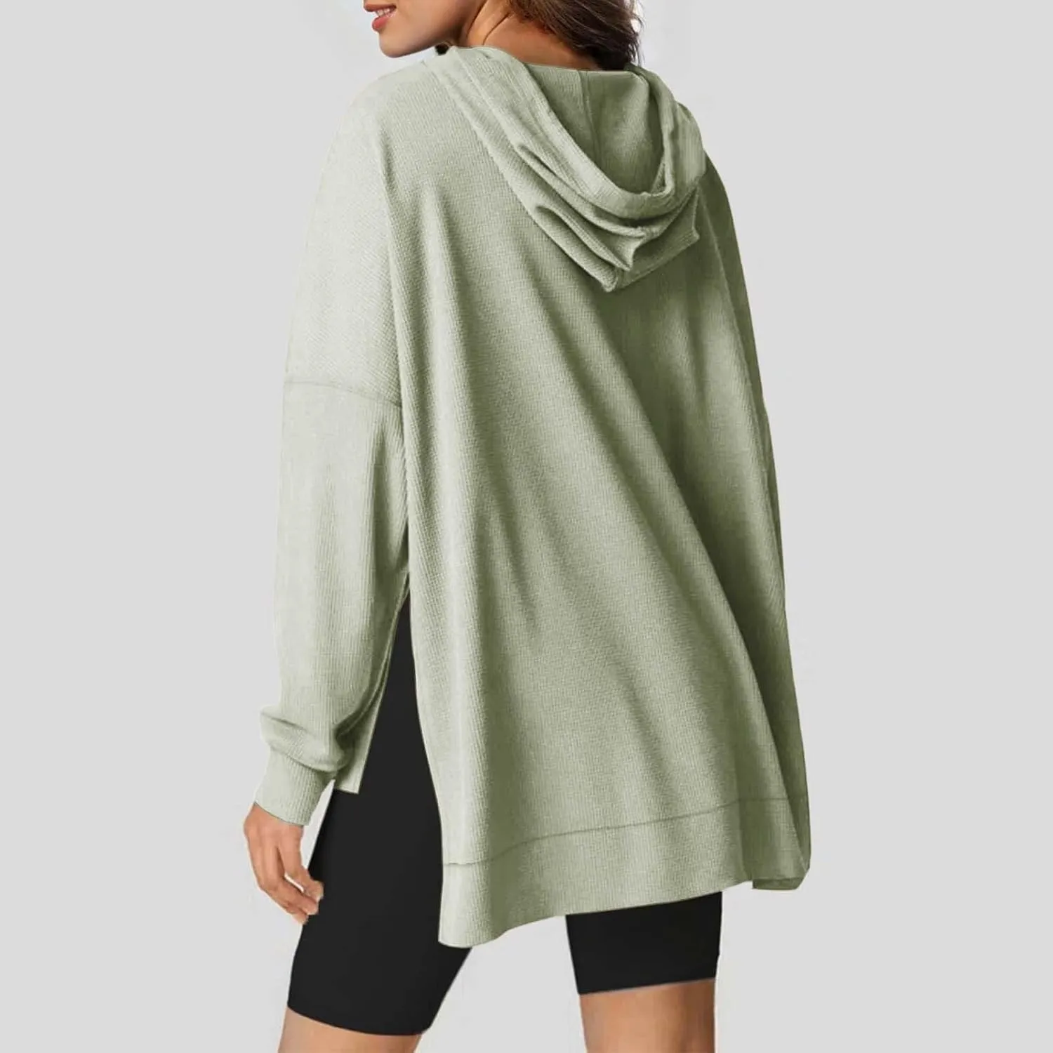 Oversized Sweatshirts Waffle Loose Drop Shoulder Knitted Solid Color Pullover Tops Fall Relaxed Fit Side Split Hoodie