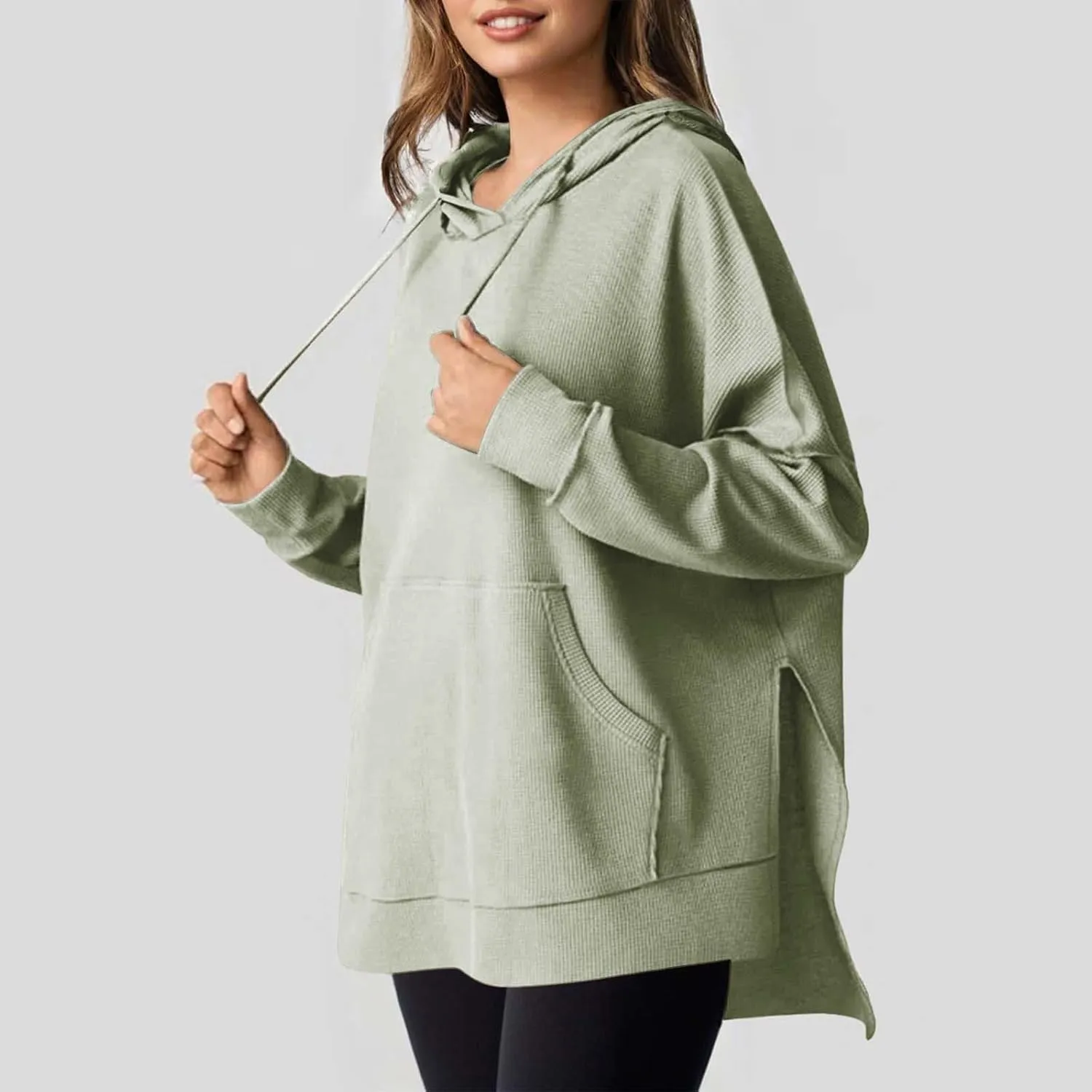 Oversized Sweatshirts Waffle Loose Drop Shoulder Knitted Solid Color Pullover Tops Fall Relaxed Fit Side Split Hoodie