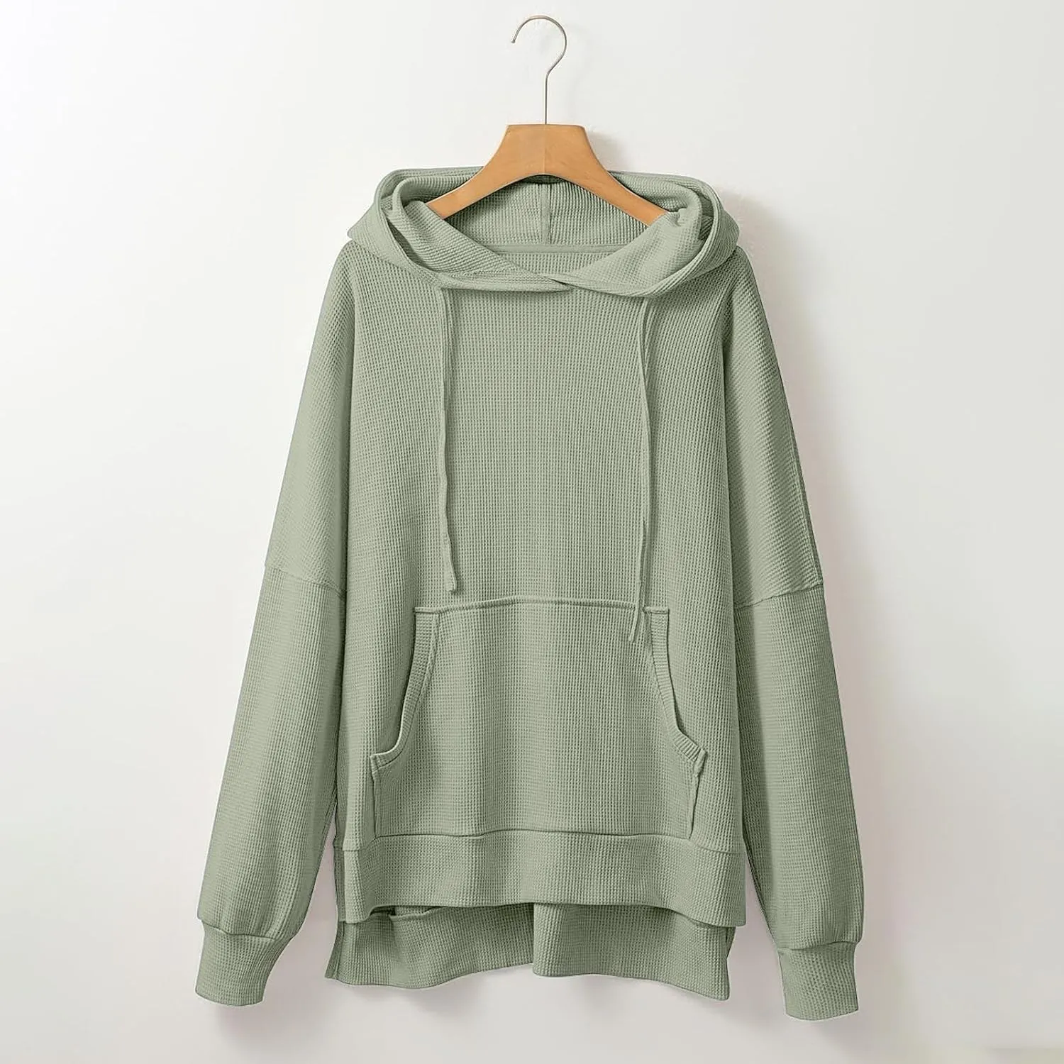 Oversized Sweatshirts Waffle Loose Drop Shoulder Knitted Solid Color Pullover Tops Fall Relaxed Fit Side Split Hoodie