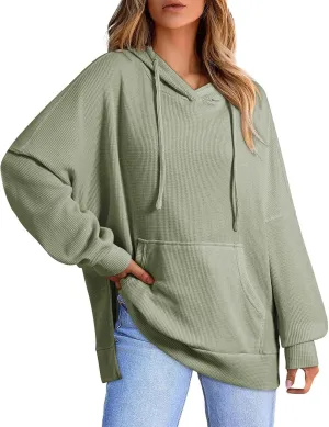 Oversized Sweatshirts Waffle Loose Drop Shoulder Knitted Solid Color Pullover Tops Fall Relaxed Fit Side Split Hoodie