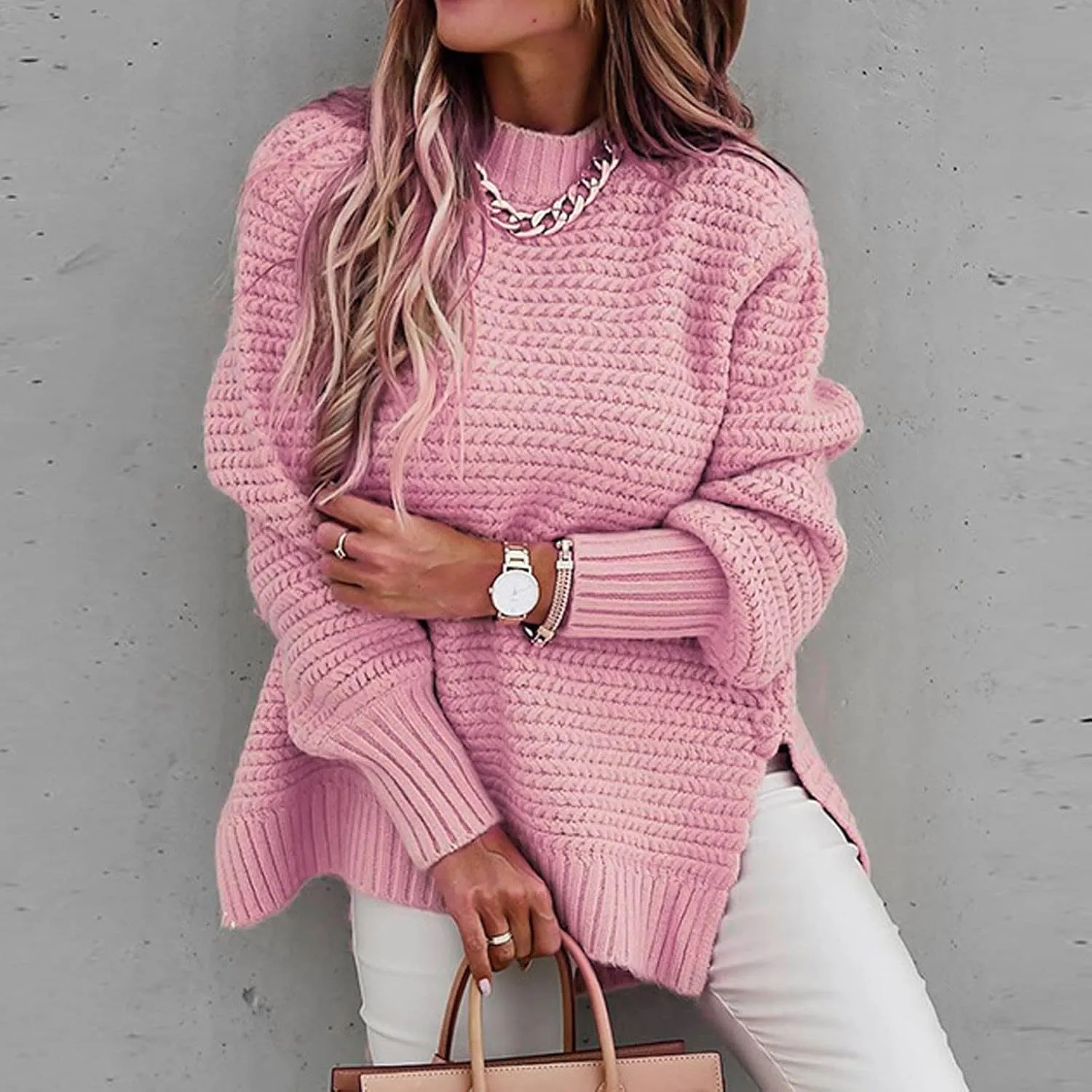 Oversized Womens Turtleneck Sweaters Cable Knit Batwing Pullover Split Top Long Sleeve Loose Fit Chunky Jumper Tops