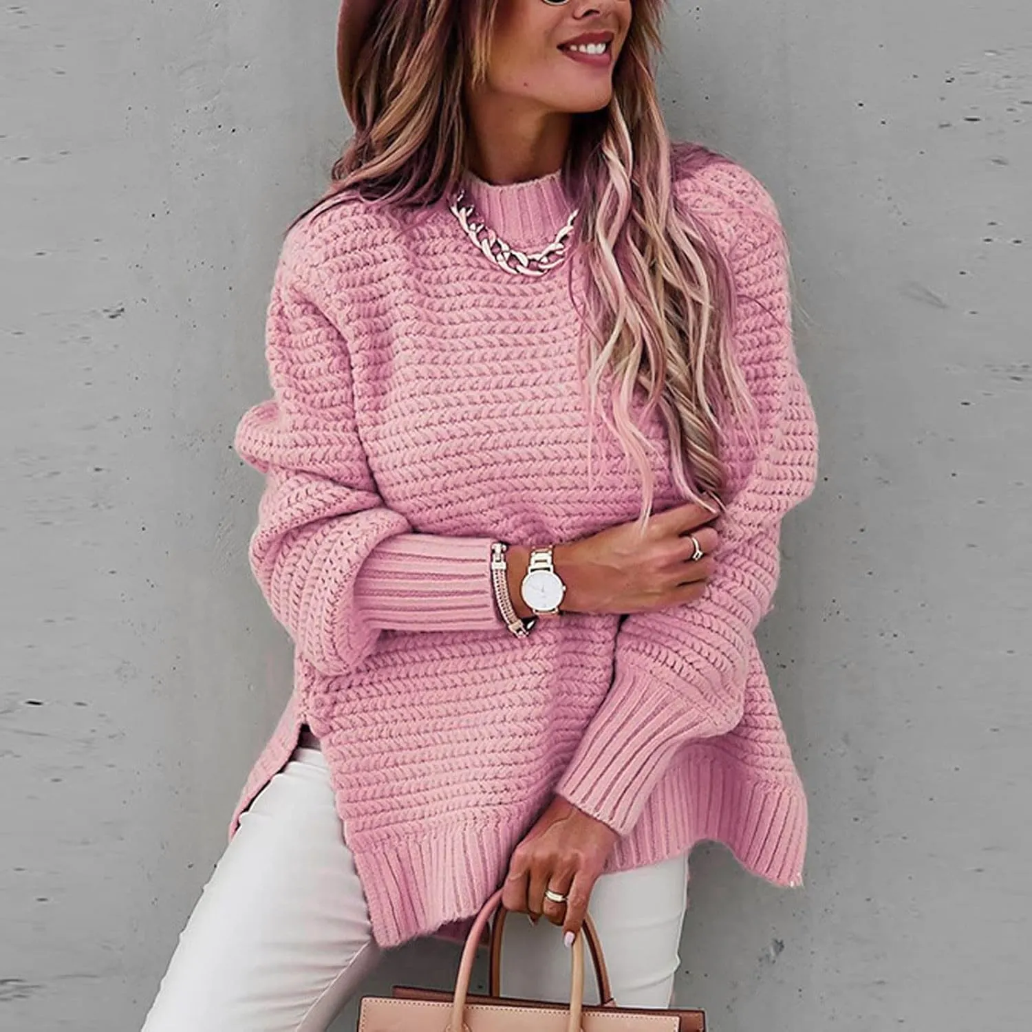 Oversized Womens Turtleneck Sweaters Cable Knit Batwing Pullover Split Top Long Sleeve Loose Fit Chunky Jumper Tops