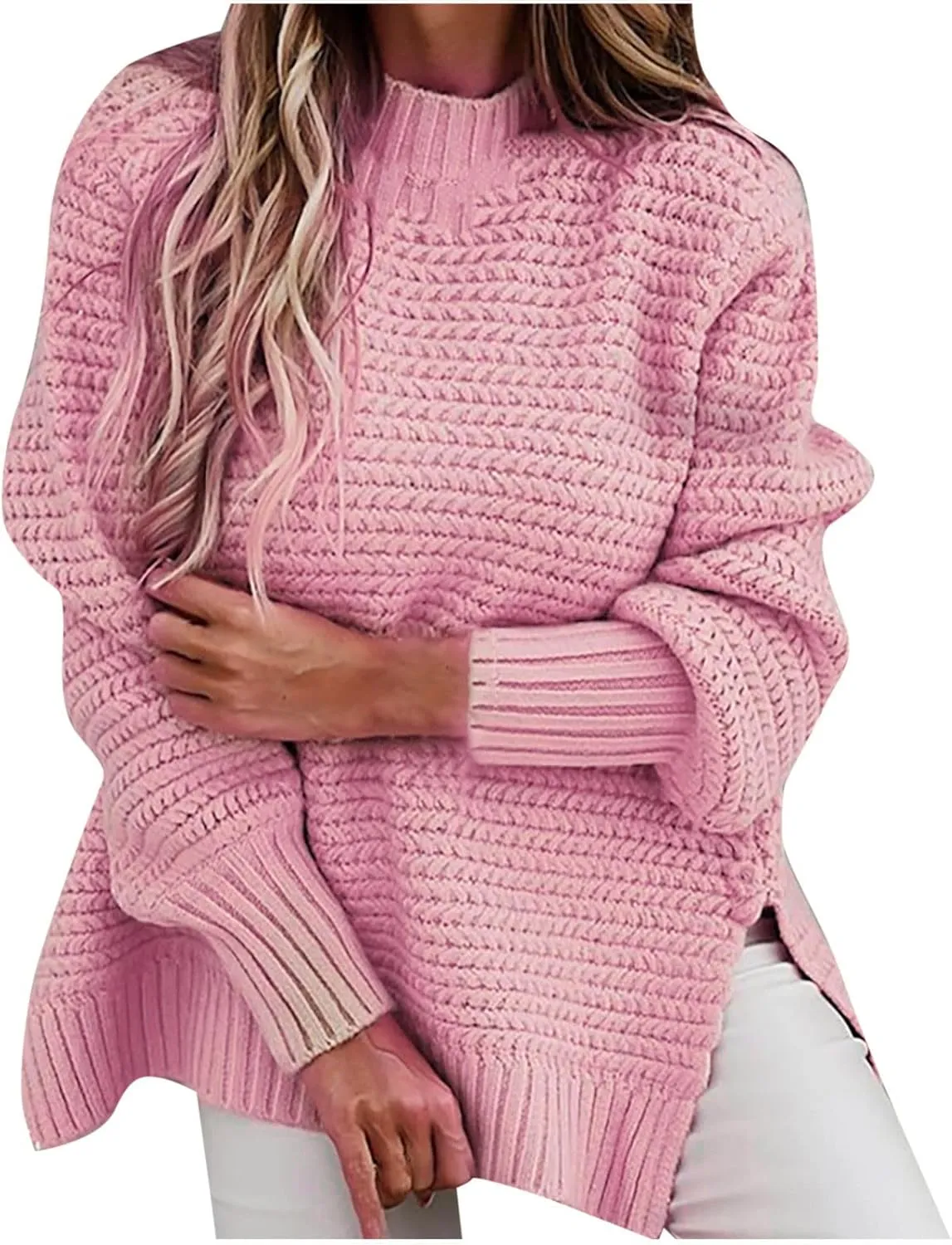 Oversized Womens Turtleneck Sweaters Cable Knit Batwing Pullover Split Top Long Sleeve Loose Fit Chunky Jumper Tops