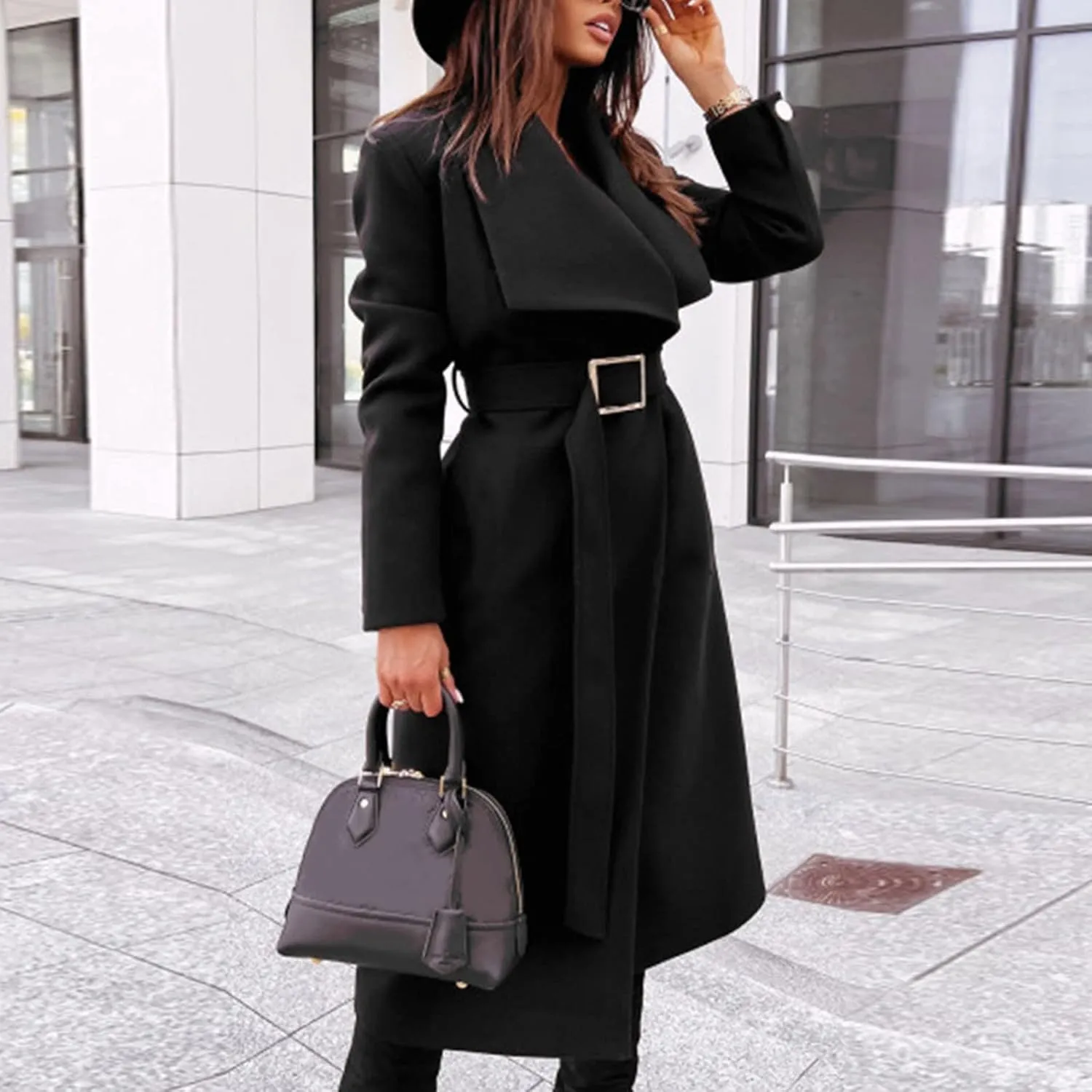 Pea Coats for Women,2023 Winter Clothes Trendy Notched Lapel Long Trench Coat,Elegant Classic Plain Blend Overcoat