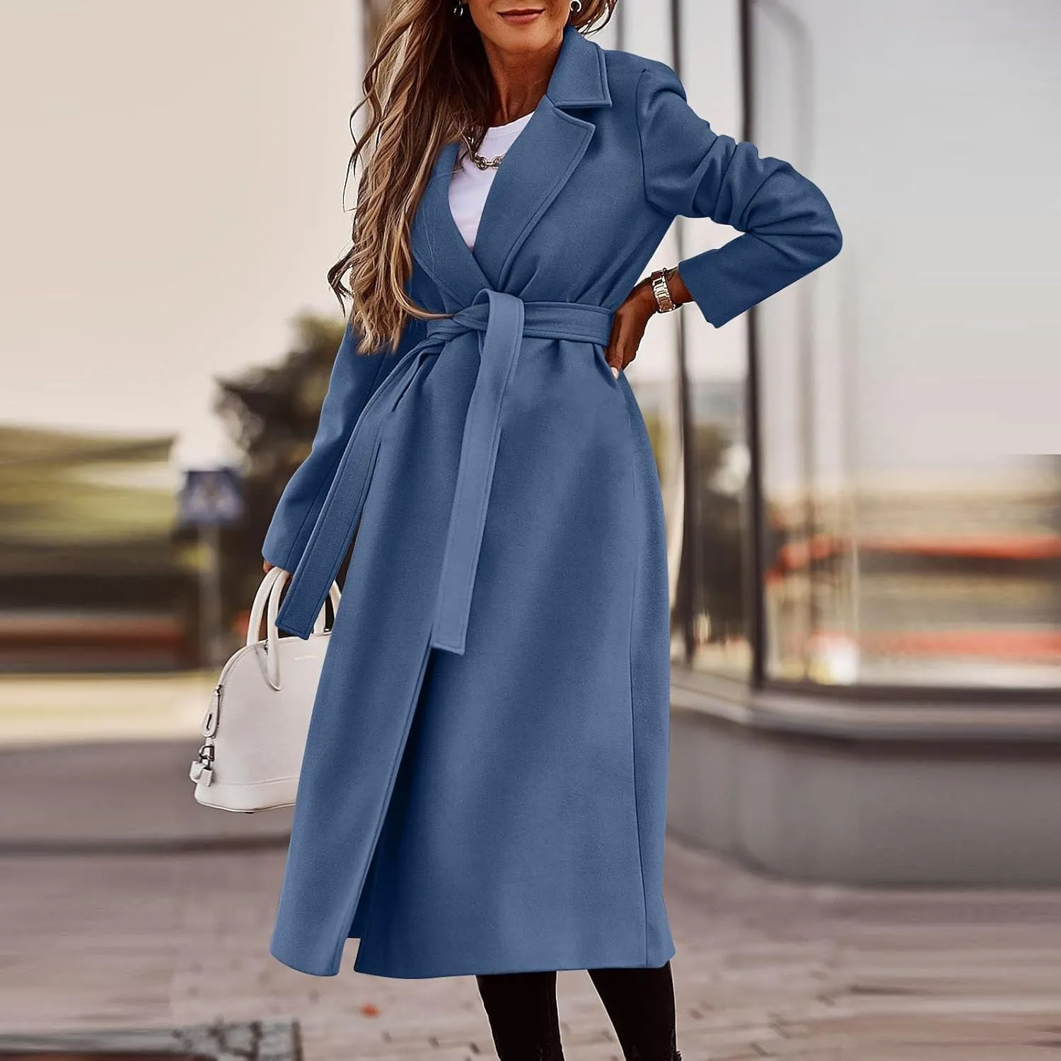 PETYCZEN Women's Trench Coats Notched Lapel Collar Wool Blend Winter Coats Casual Mid Length Pea Coats Long Jackets Overcoat