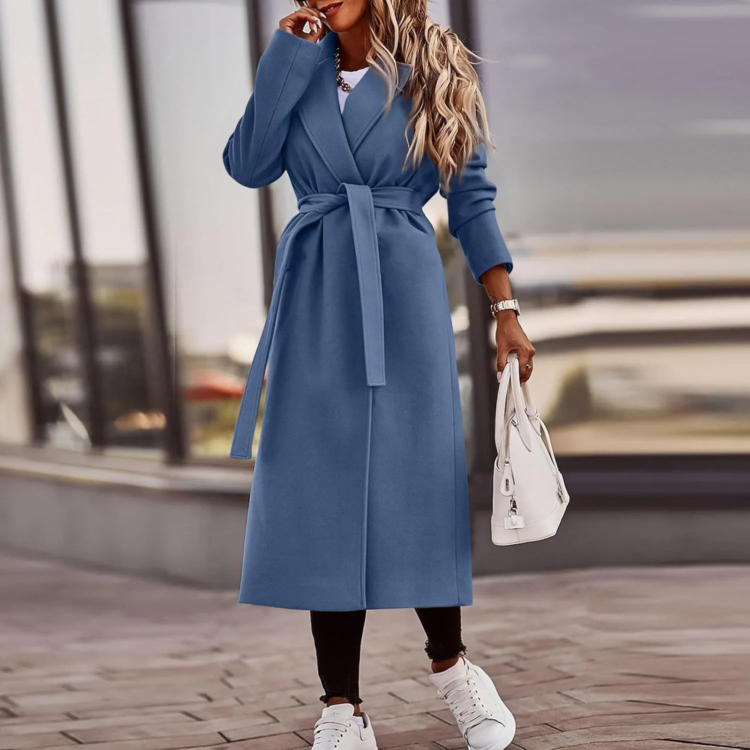 PETYCZEN Women's Trench Coats Notched Lapel Collar Wool Blend Winter Coats Casual Mid Length Pea Coats Long Jackets Overcoat