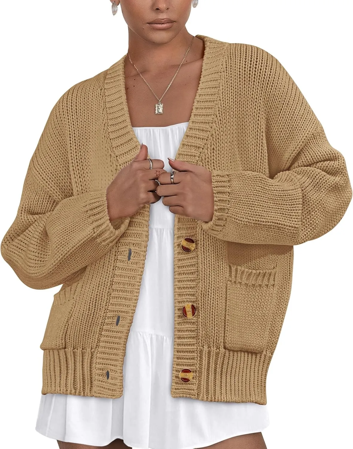PRETTYGARDEN Women's Cardigan Sweaters Long Sleeve Open Front Button Up V Neck Ribbed Knit Winter Sweater Jackets
