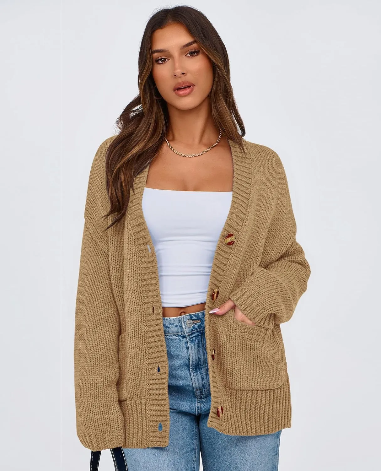 PRETTYGARDEN Women's Cardigan Sweaters Long Sleeve Open Front Button Up V Neck Ribbed Knit Winter Sweater Jackets