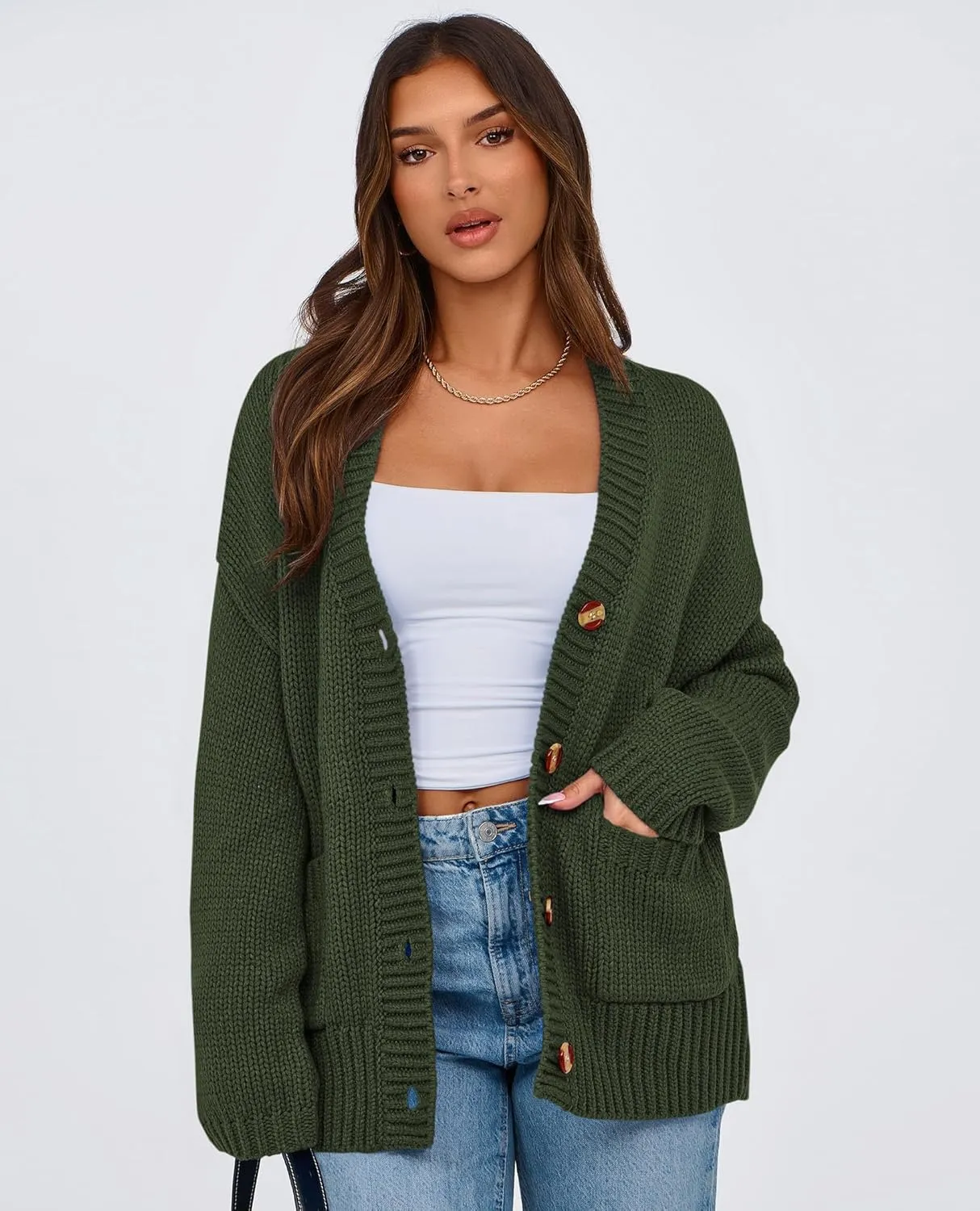 PRETTYGARDEN Women's Cardigan Sweaters Long Sleeve Open Front Button Up V Neck Ribbed Knit Winter Sweater Jackets