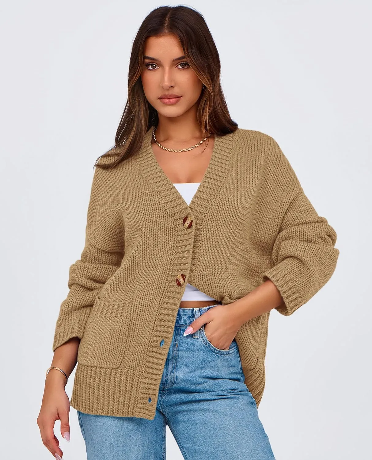 PRETTYGARDEN Women's Cardigan Sweaters Long Sleeve Open Front Button Up V Neck Ribbed Knit Winter Sweater Jackets