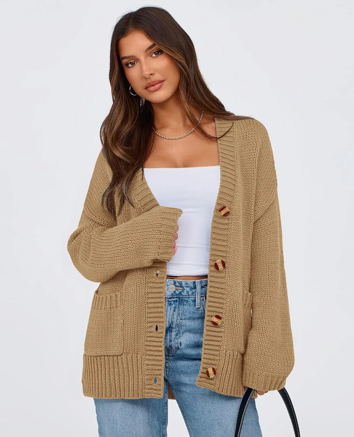 PRETTYGARDEN Women's Cardigan Sweaters Long Sleeve Open Front Button Up V Neck Ribbed Knit Winter Sweater Jackets