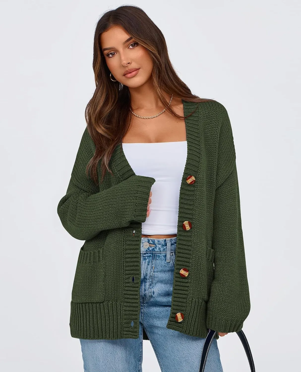 PRETTYGARDEN Women's Cardigan Sweaters Long Sleeve Open Front Button Up V Neck Ribbed Knit Winter Sweater Jackets