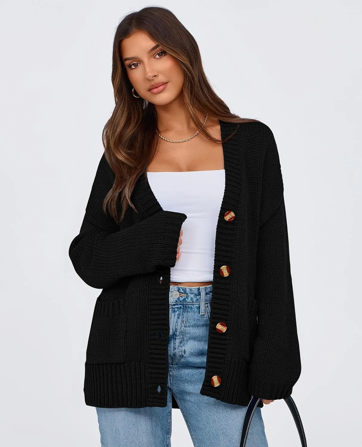 PRETTYGARDEN Women's Cardigan Sweaters Long Sleeve Open Front Button Up V Neck Ribbed Knit Winter Sweater Jackets