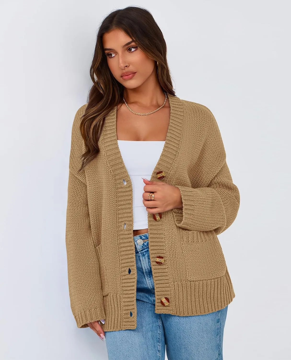 PRETTYGARDEN Women's Cardigan Sweaters Long Sleeve Open Front Button Up V Neck Ribbed Knit Winter Sweater Jackets