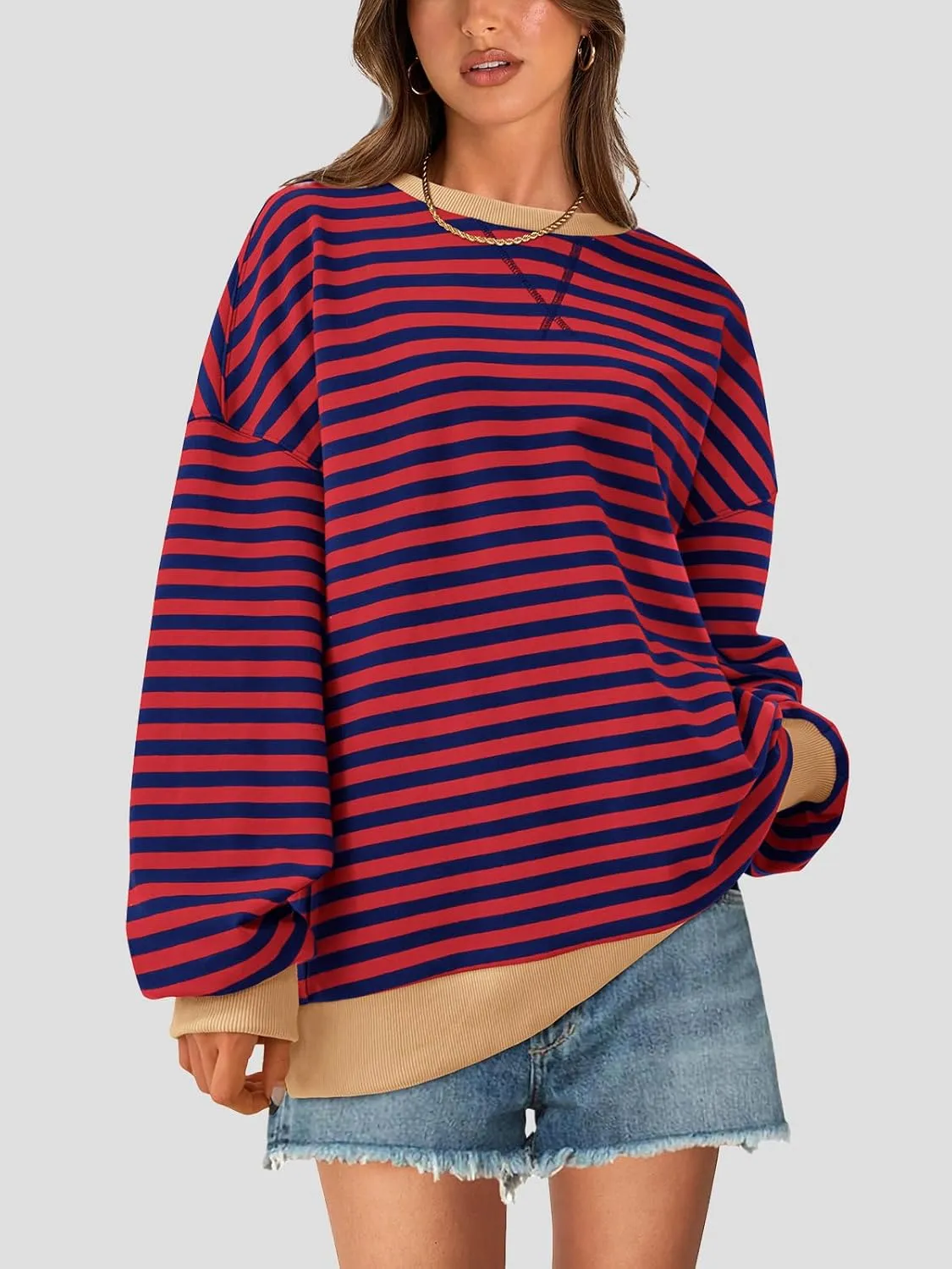 PRETTYGARDEN Womens Striped Oversized Sweatshirt Color Block Crew Neck Long Sleeve Casual Loose Pullover Top Y2K Clothes
