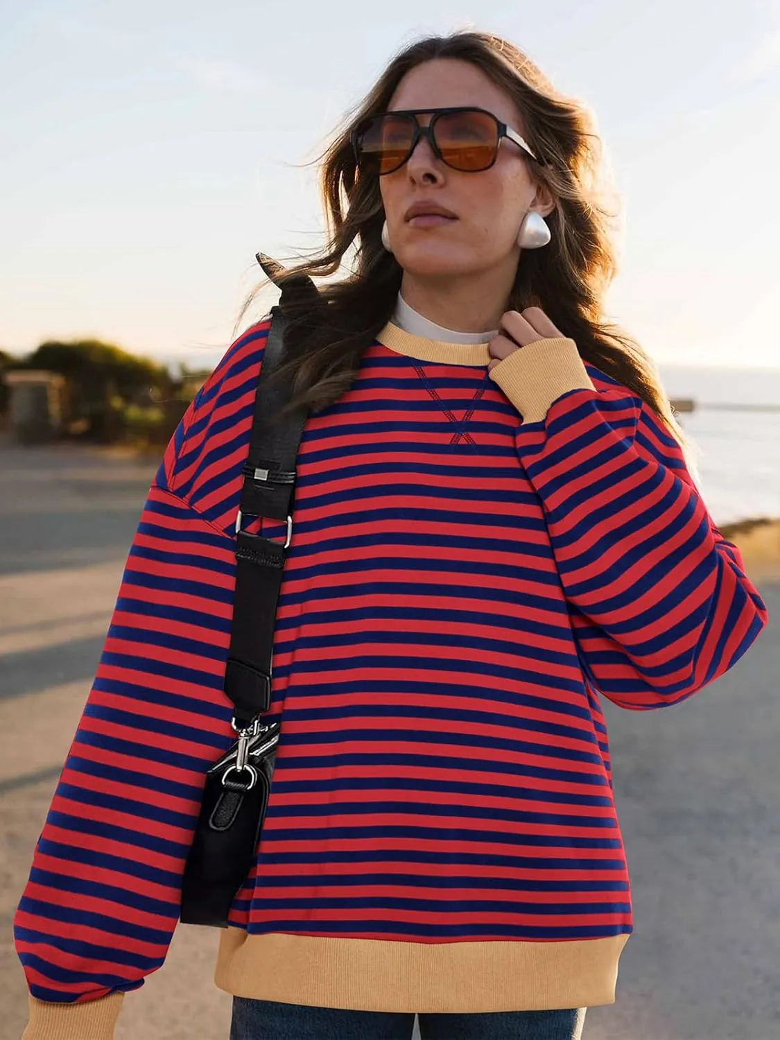 PRETTYGARDEN Womens Striped Oversized Sweatshirt Color Block Crew Neck Long Sleeve Casual Loose Pullover Top Y2K Clothes