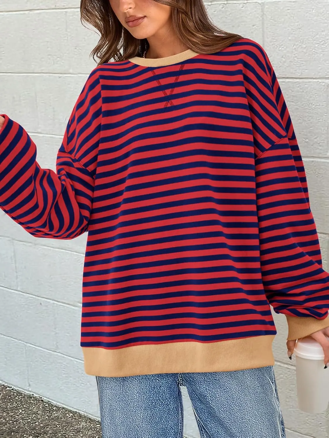 PRETTYGARDEN Womens Striped Oversized Sweatshirt Color Block Crew Neck Long Sleeve Casual Loose Pullover Top Y2K Clothes