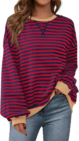 PRETTYGARDEN Womens Striped Oversized Sweatshirt Color Block Crew Neck Long Sleeve Casual Loose Pullover Top Y2K Clothes