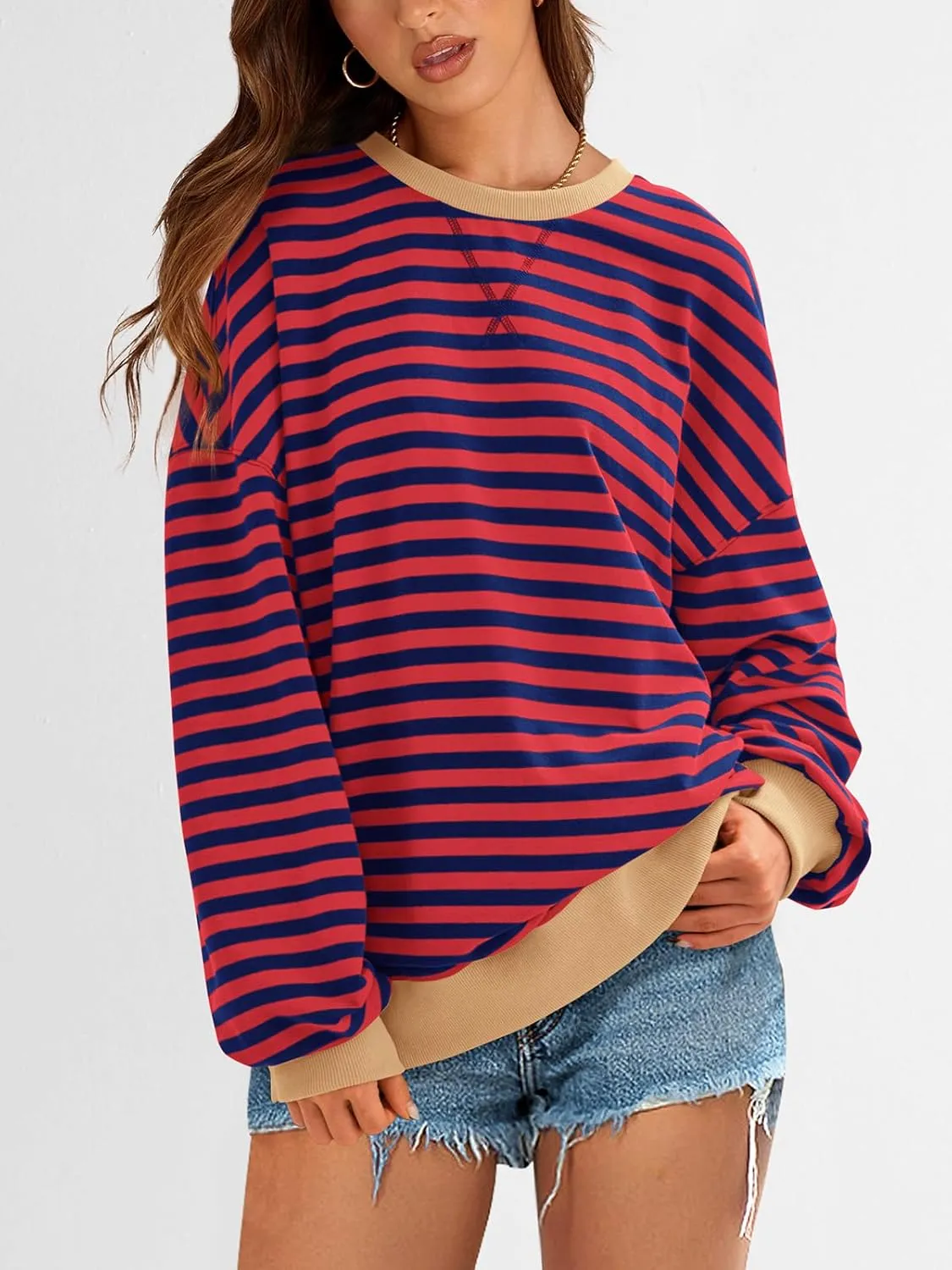 PRETTYGARDEN Womens Striped Oversized Sweatshirt Color Block Crew Neck Long Sleeve Casual Loose Pullover Top Y2K Clothes
