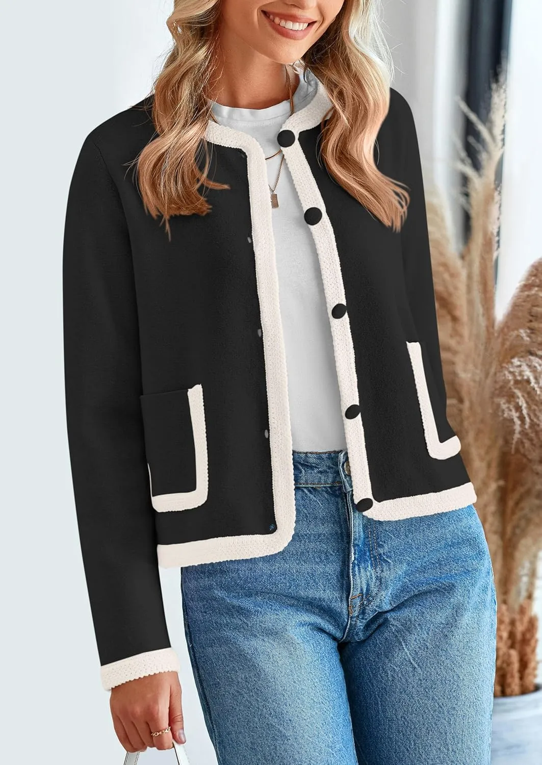PRETTYGARDEN Women's Winter Trendy Button Down Open Front Cardigan Sweaters Knit Color Block Jackets Fall Fashion Clothes