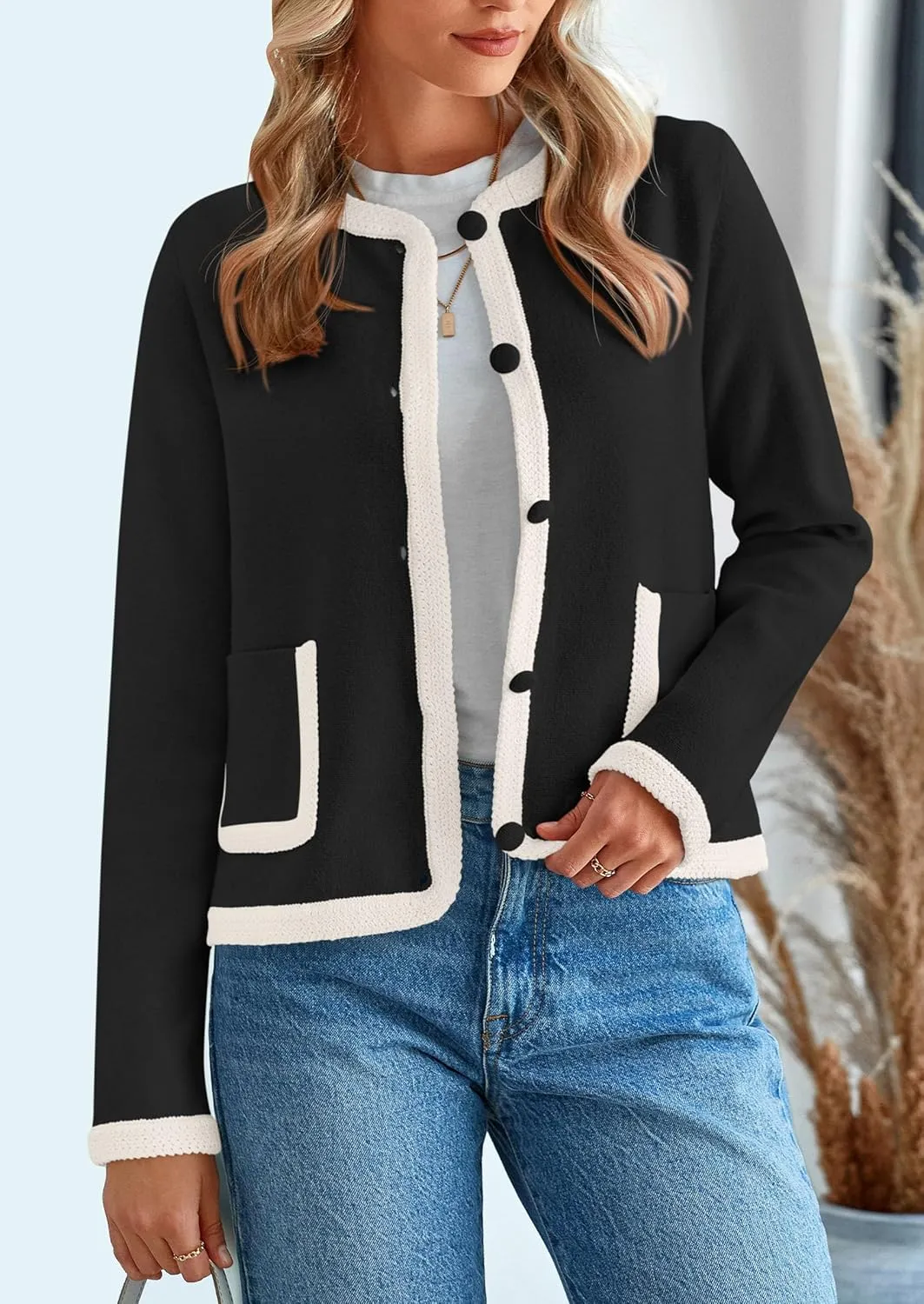 PRETTYGARDEN Women's Winter Trendy Button Down Open Front Cardigan Sweaters Knit Color Block Jackets Fall Fashion Clothes