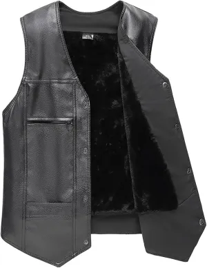 PU Leather Motorcycle Vest 2 Concealed Pockets Biker Vest Riding Club Coat for Men Punk Sleeveless Jacket With Velvet