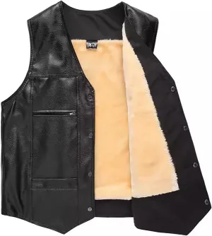 PU Leather Motorcycle Vest 2 Concealed Pockets Biker Vest Riding Club Coat for Men Punk Sleeveless Jacket With Velvet