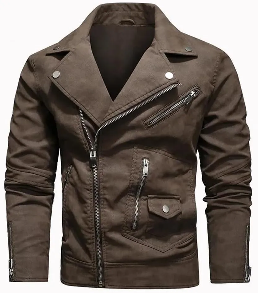 Pulcykp Mens Zipper Leather Jackets Winter Warm Casual Motorcycle PU Leather Jacket Biker Leather Coats