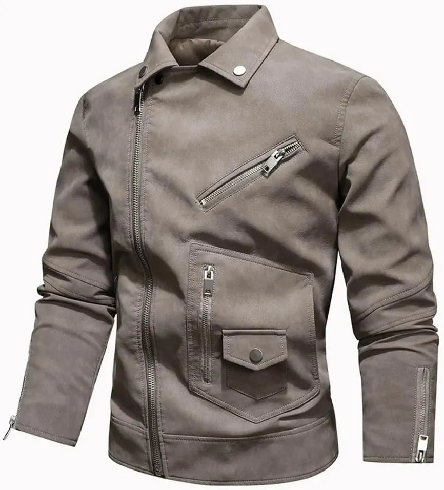 Pulcykp Mens Zipper Leather Jackets Winter Warm Casual Motorcycle PU Leather Jacket Biker Leather Coats