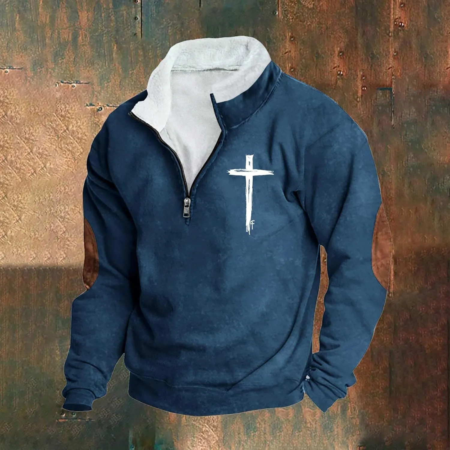 Quarter Zipper Sweatshirts for Men Fashion Grunge Hoodie Funny Cross Graphic Tops Pullover Fleece Hoodie Relaxed Fit