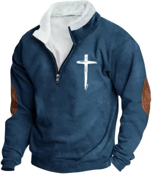 Quarter Zipper Sweatshirts for Men Fashion Grunge Hoodie Funny Cross Graphic Tops Pullover Fleece Hoodie Relaxed Fit