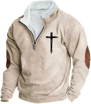 Quarter Zipper Sweatshirts for Men Fashion Grunge Hoodie Funny Cross Graphic Tops Pullover Fleece Hoodie Relaxed Fit