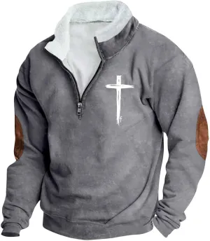 Quarter Zipper Sweatshirts for Men Fashion Grunge Hoodie Funny Cross Graphic Tops Pullover Fleece Hoodie Relaxed Fit