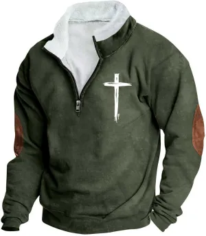 Quarter Zipper Sweatshirts for Men Fashion Grunge Hoodie Funny Cross Graphic Tops Pullover Fleece Hoodie Relaxed Fit