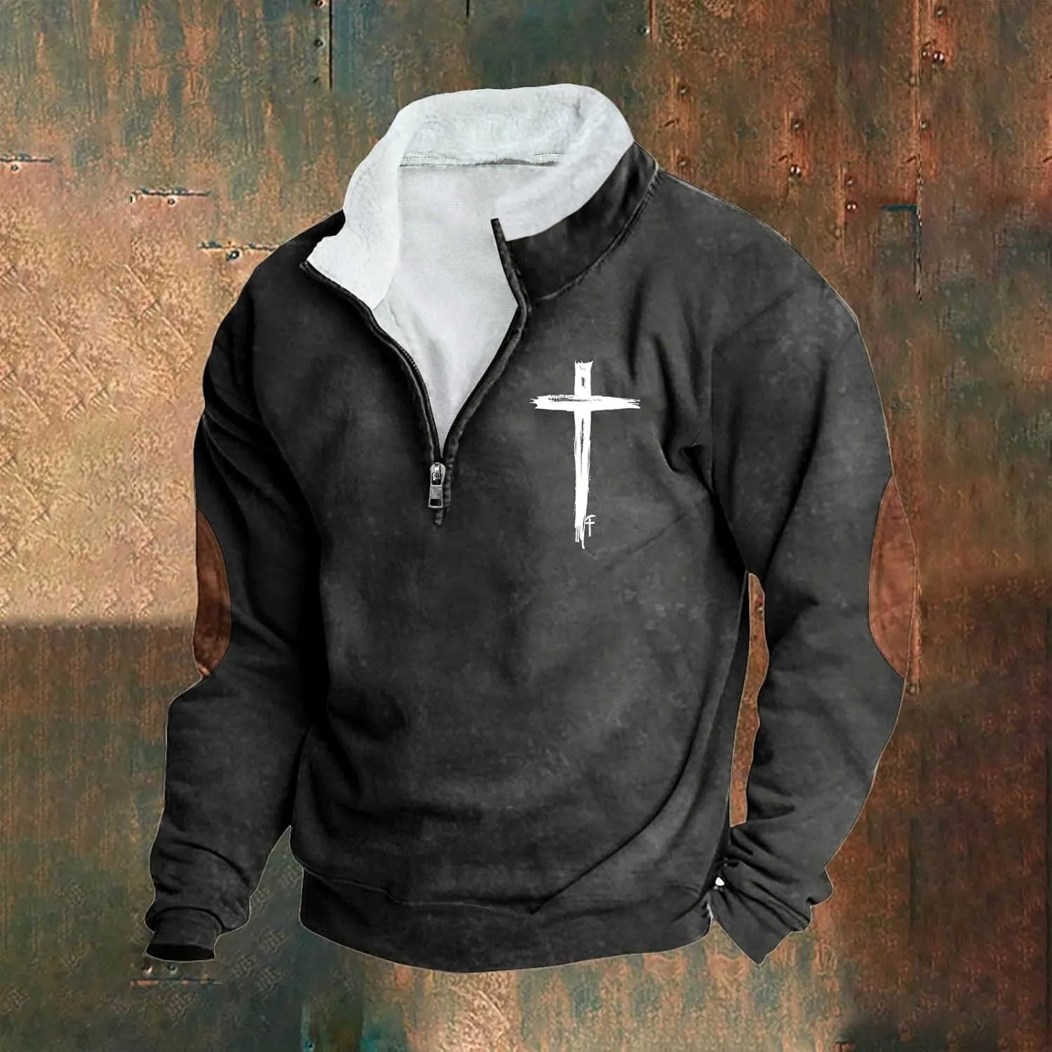 Quarter Zipper Sweatshirts for Men Fashion Grunge Hoodie Funny Cross Graphic Tops Pullover Fleece Hoodie Relaxed Fit