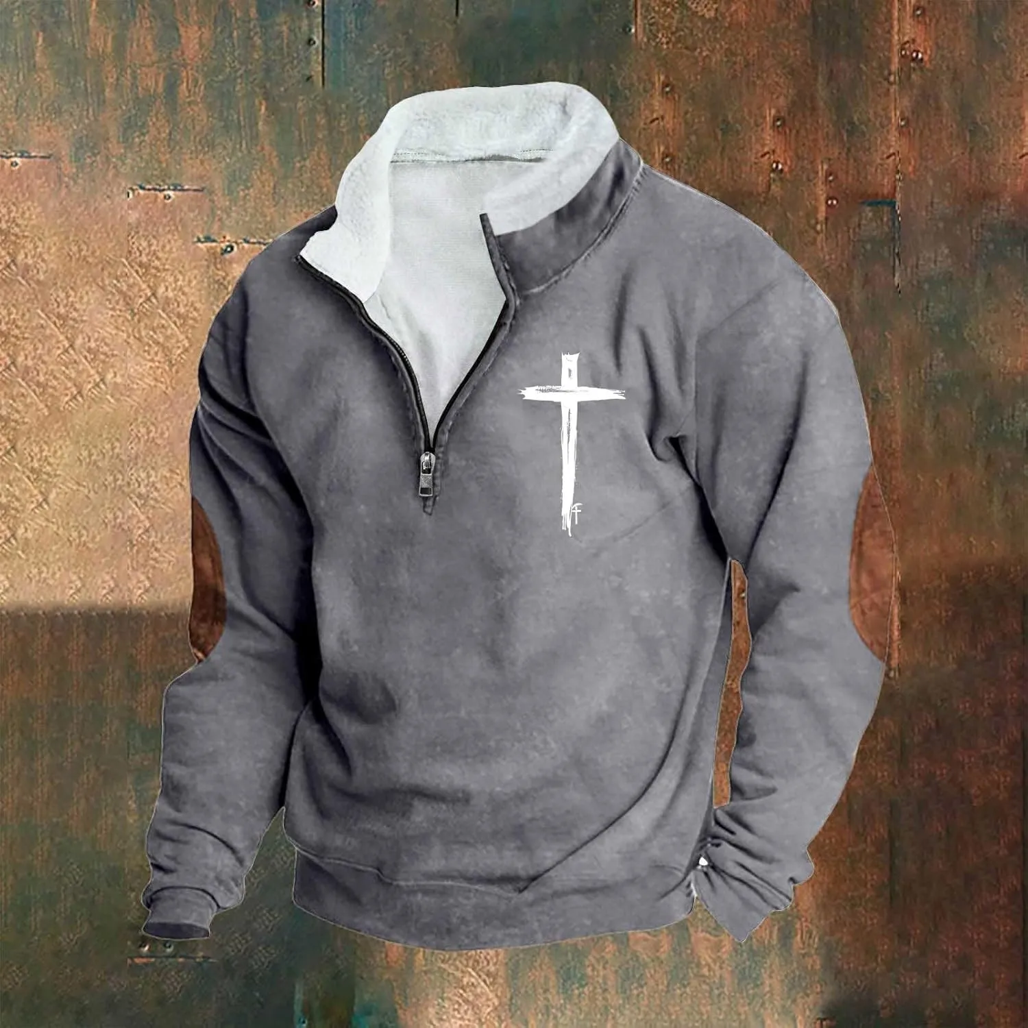Quarter Zipper Sweatshirts for Men Fashion Grunge Hoodie Funny Cross Graphic Tops Pullover Fleece Hoodie Relaxed Fit