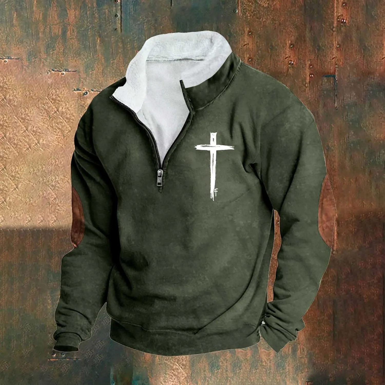 Quarter Zipper Sweatshirts for Men Fashion Grunge Hoodie Funny Cross Graphic Tops Pullover Fleece Hoodie Relaxed Fit