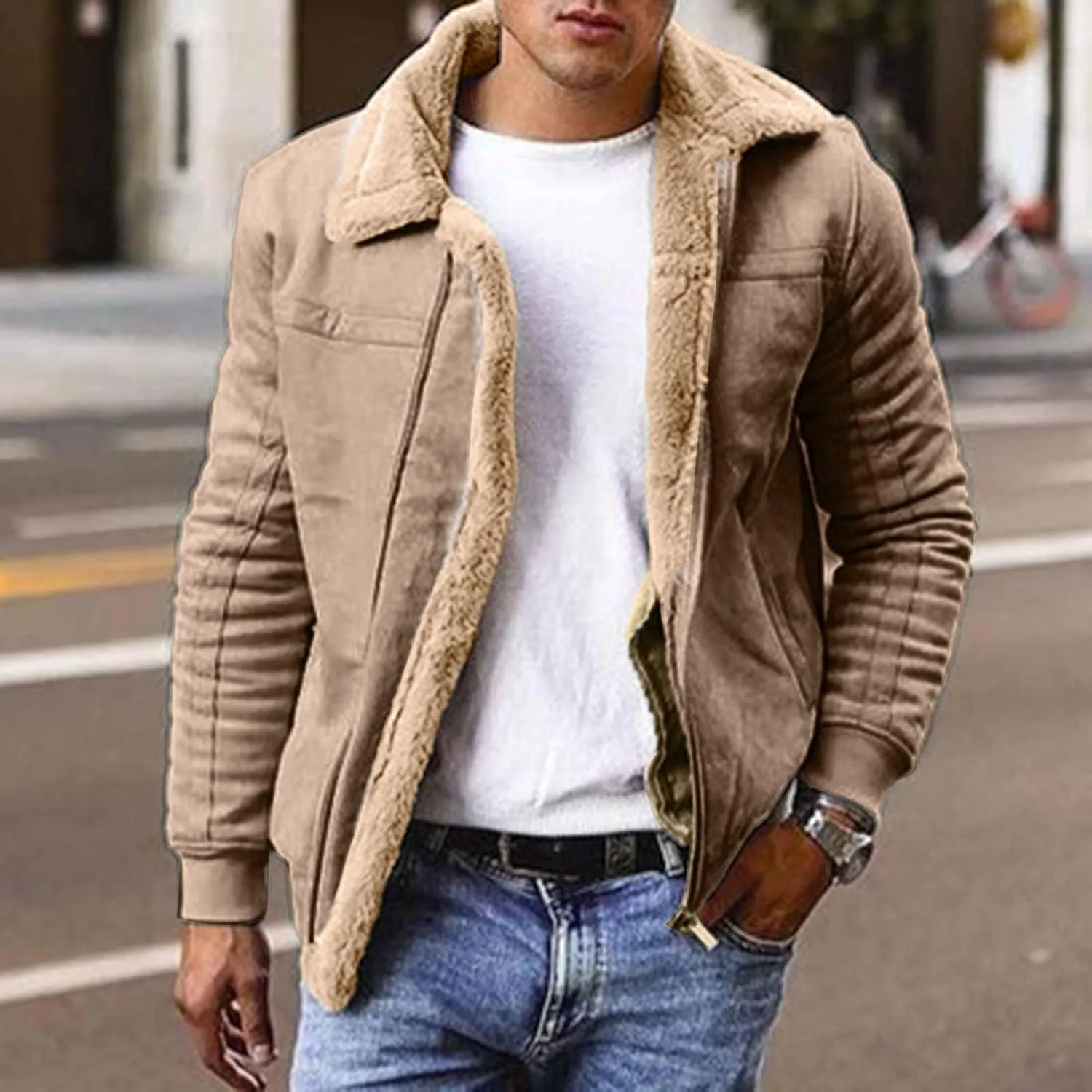 QWENTMTNTY Faux Leather Mens Jackets Casual Stylish Shearling Sherpa Leather Jacket Heavyweight Winter Thicken Bomber Coat