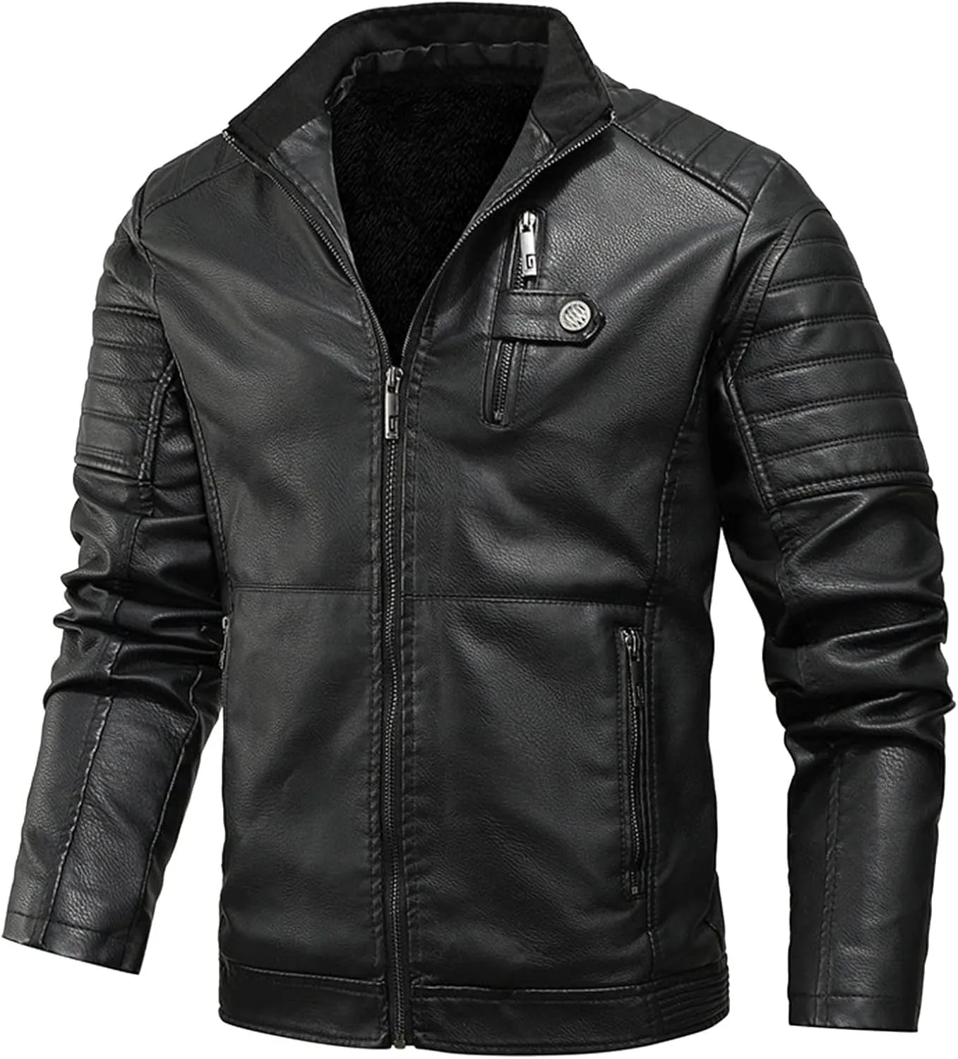 QWENTMTNTY Leather Jacket for Men Sherpa Shearling Faux Leather Bomber Jackets Motorcycle Zip Up Winter Jacket with Pockets