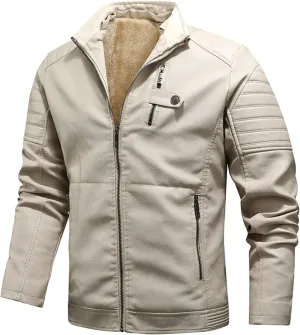 QWENTMTNTY Leather Jacket for Men Sherpa Shearling Faux Leather Bomber Jackets Motorcycle Zip Up Winter Jacket with Pockets