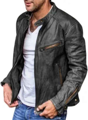 QWENTMTNTY Men Vintage Faux Leather Jacket Retro Fashion Zipper Leather Motorcycle Jacket Regular Fit Racer Coat Outerwear