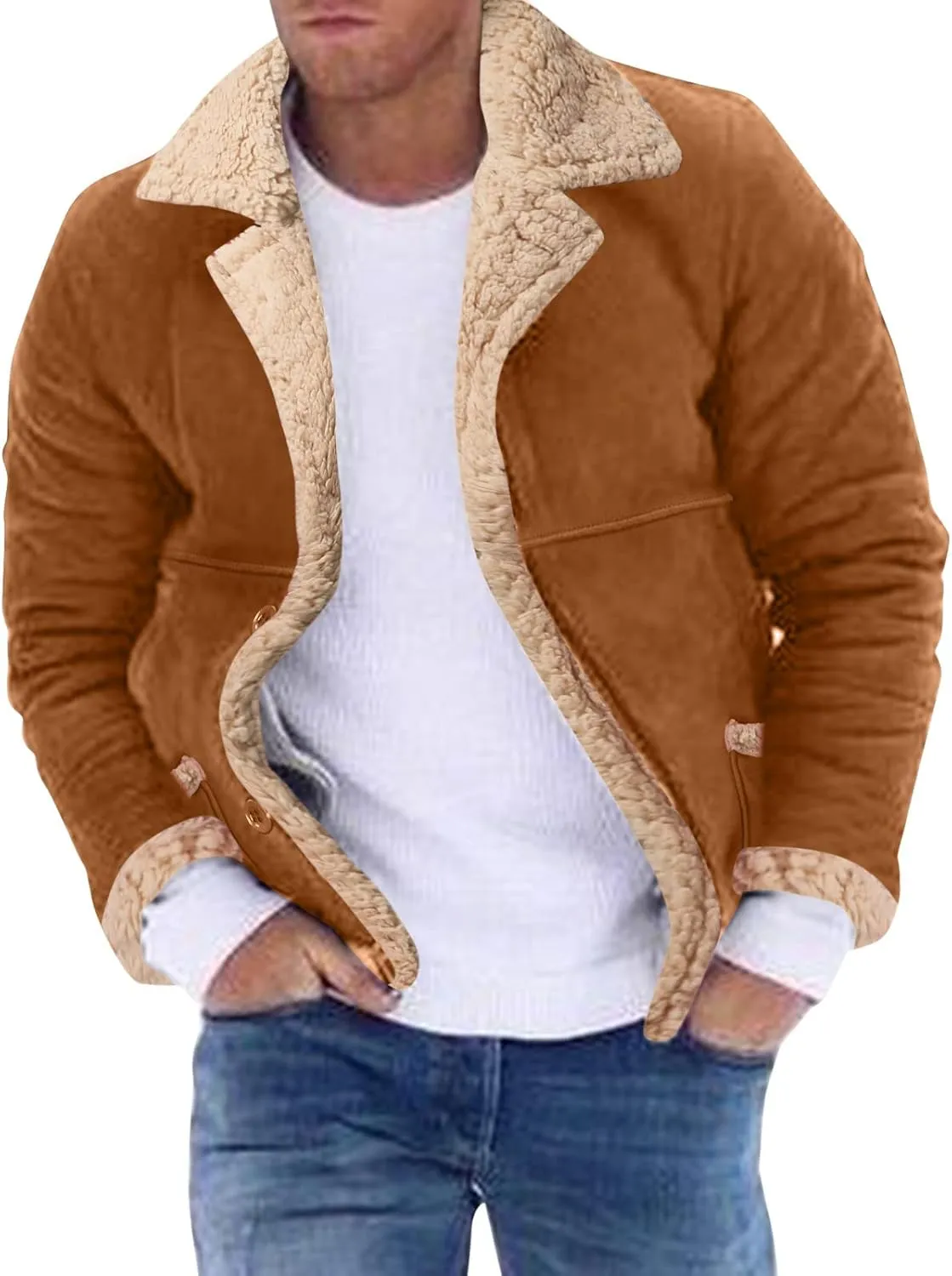 QWENTMTNTY Men Vintage Sherpa Jacket Faux Leather Suede Winter Bomber Jackets Big Tall Heavyweight Fur Shearling Overcoat