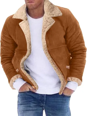 QWENTMTNTY Men Vintage Sherpa Jacket Faux Leather Suede Winter Bomber Jackets Big Tall Heavyweight Fur Shearling Overcoat