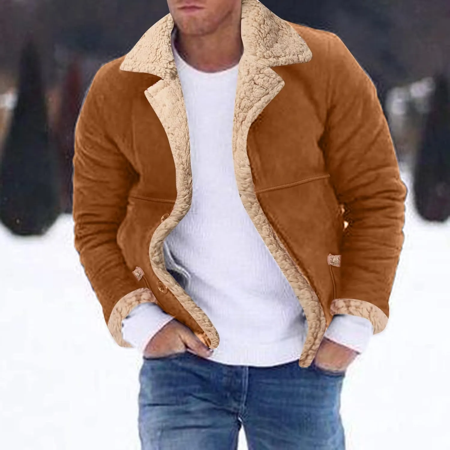 QWENTMTNTY Men Vintage Sherpa Jacket Faux Leather Suede Winter Bomber Jackets Big Tall Heavyweight Fur Shearling Overcoat