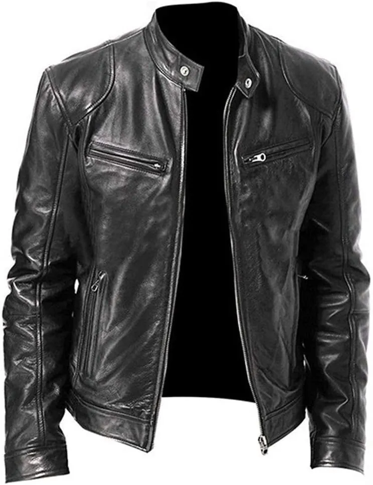 QWENTMTNTY Mens Casual Fashion Faux Leather Biker Jacket Regular Fit Motocycle Moto Leather Jackets Outdoor Pleather Coats
