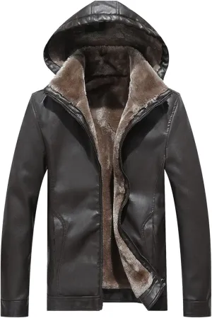 QWENTMTNTY Mens Faux Fur Leather Jacket Thicken Warm Winter Coat with Detachable Hood Faux Shearling Leather Jacket Overcoat